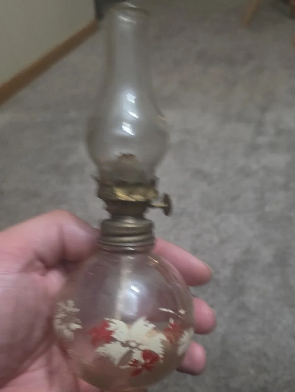 Vintage Glass Hurricane Oil Lamp with Hand- Painted White and Red Floral Design
